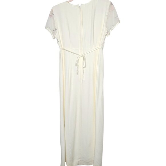 Vintage 90s Y2K Maurices Cream Embroidered Maxi Dress Sheer Floral Slit Size 7-8 - Picture 2 of 10